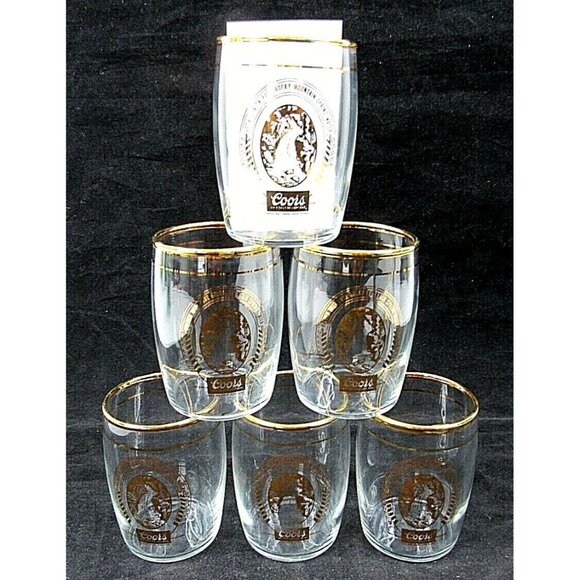 Coors Shooter Barrel Sample Tasting Shot Glasses Gold Color Trim Set of 6 - Picture 1 of 4